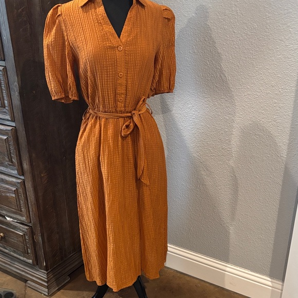 Elegant Orange Midi Dress Button Front, Belted Waist - Picture 2 of 3